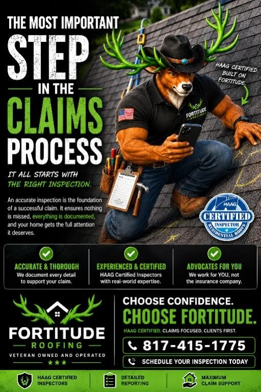 Fortitude Roofing claims process inspection graphic with updated contact number