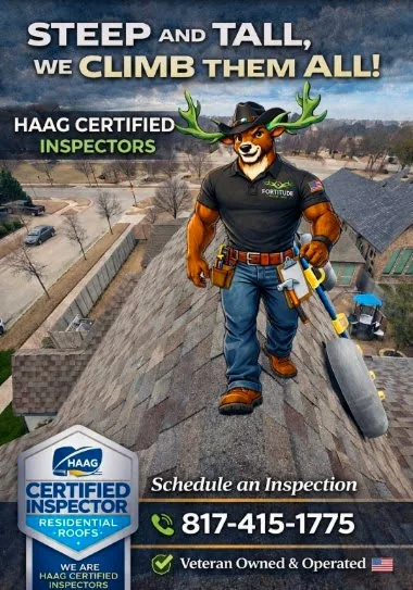 Fortitude Roofing inspector graphic on a steep roof